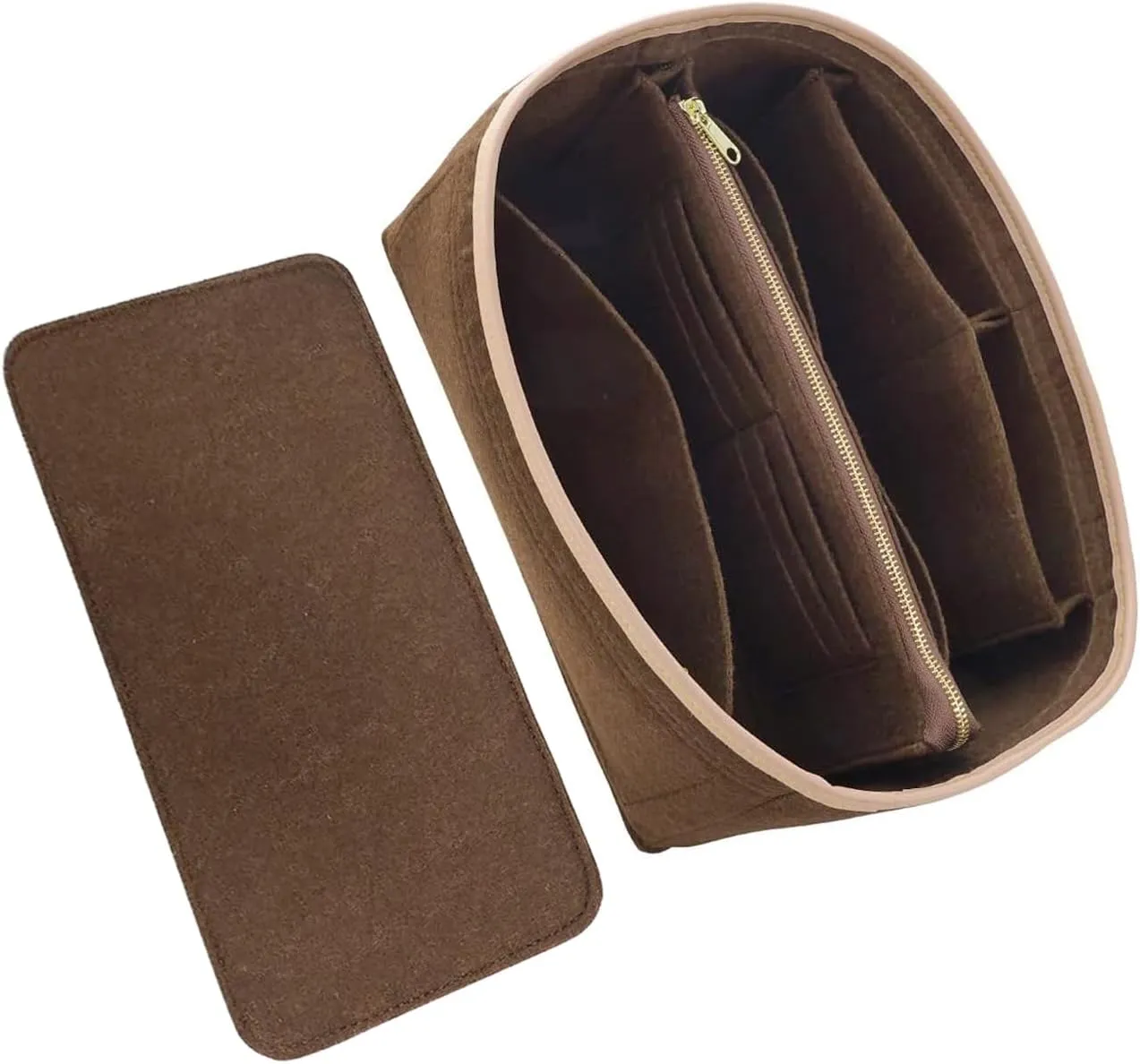 Purse Organizer & Base Shaper fit Speedy 25 & Neverfull PM , Felt Bag Organizer Insert for Handbags with Metal Zipper [Bag in Bag] (Medium, Brown), KS6
