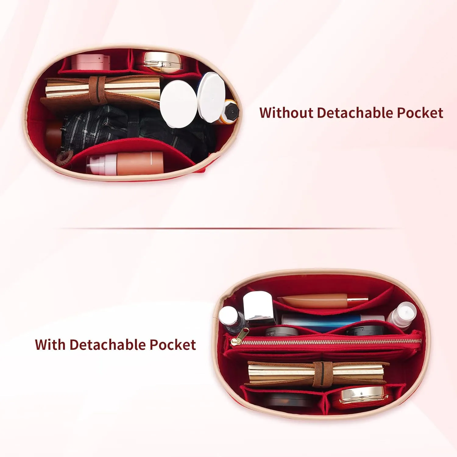 Purse Organizer & Base Shaper fit Speedy 25 & Neverfull PM,ONTHEGO,Noe and More,Felt Bag Organizer Insert for Handbags with Metal Zipper [Bag in Bag] (Medium, Red)