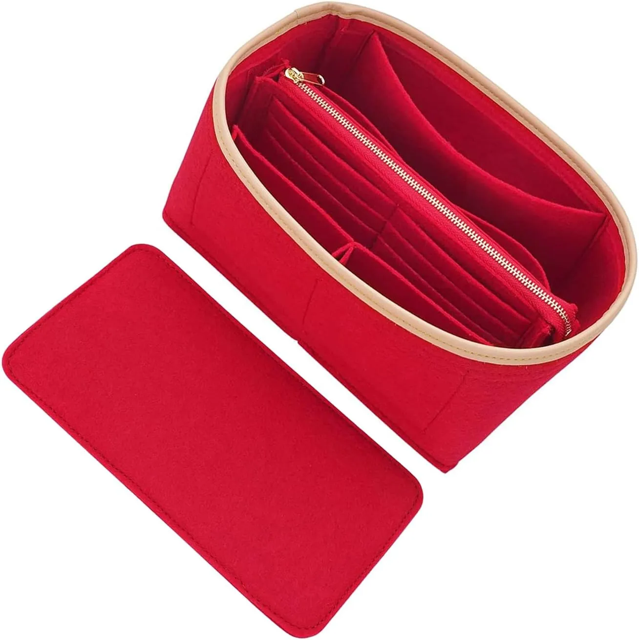 Purse Organizer & Base Shaper fit Speedy 25 & Neverfull PM,ONTHEGO,Noe and More,Felt Bag Organizer Insert for Handbags with Metal Zipper [Bag in Bag] (Medium, Red)