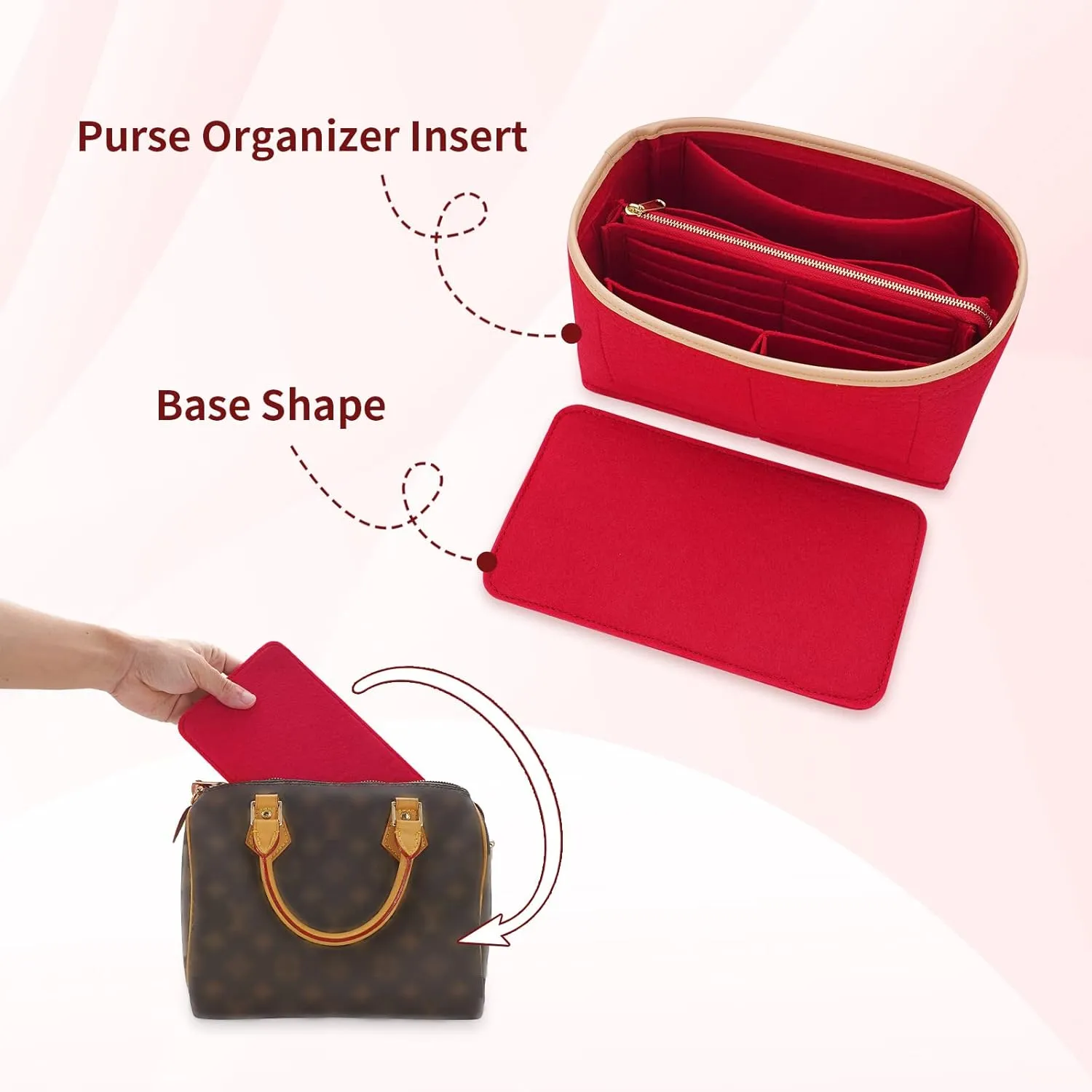 Purse Organizer & Base Shaper fit Speedy 25 & Neverfull PM,ONTHEGO,Noe and More,Felt Bag Organizer Insert for Handbags with Metal Zipper [Bag in Bag] (Medium, Red)