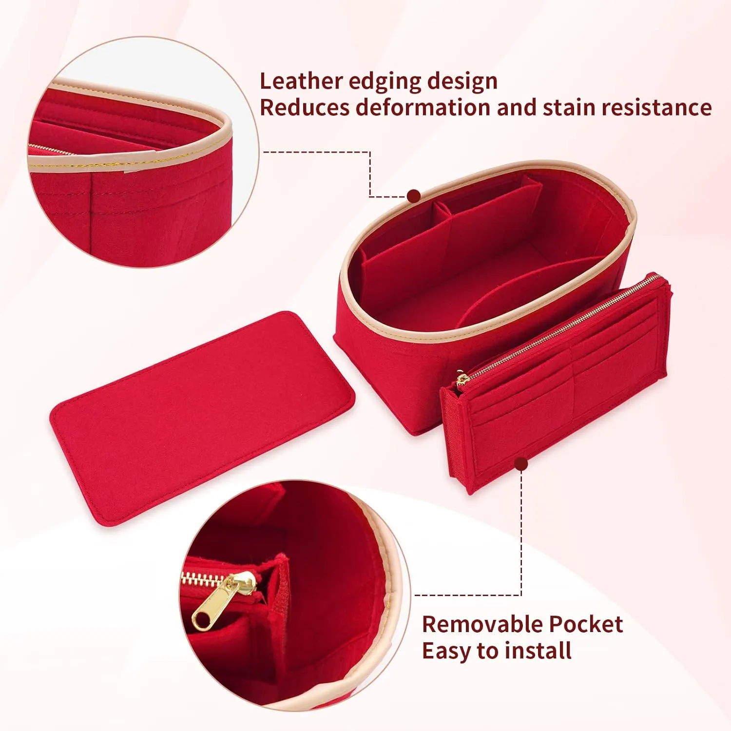 Purse Organizer & Base Shaper fit Speedy 25 & Neverfull PM,ONTHEGO,Noe and More,Felt Bag Organizer Insert for Handbags with Metal Zipper [Bag in Bag] (Medium, Red)