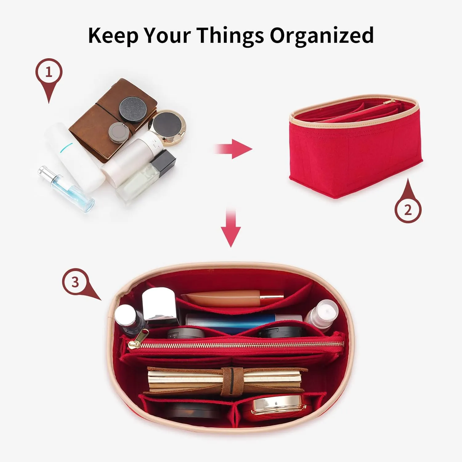 Purse Organizer & Base Shaper fit Speedy 25 & Neverfull PM,ONTHEGO,Noe and More,Felt Bag Organizer Insert for Handbags with Metal Zipper [Bag in Bag] (Medium, Red)