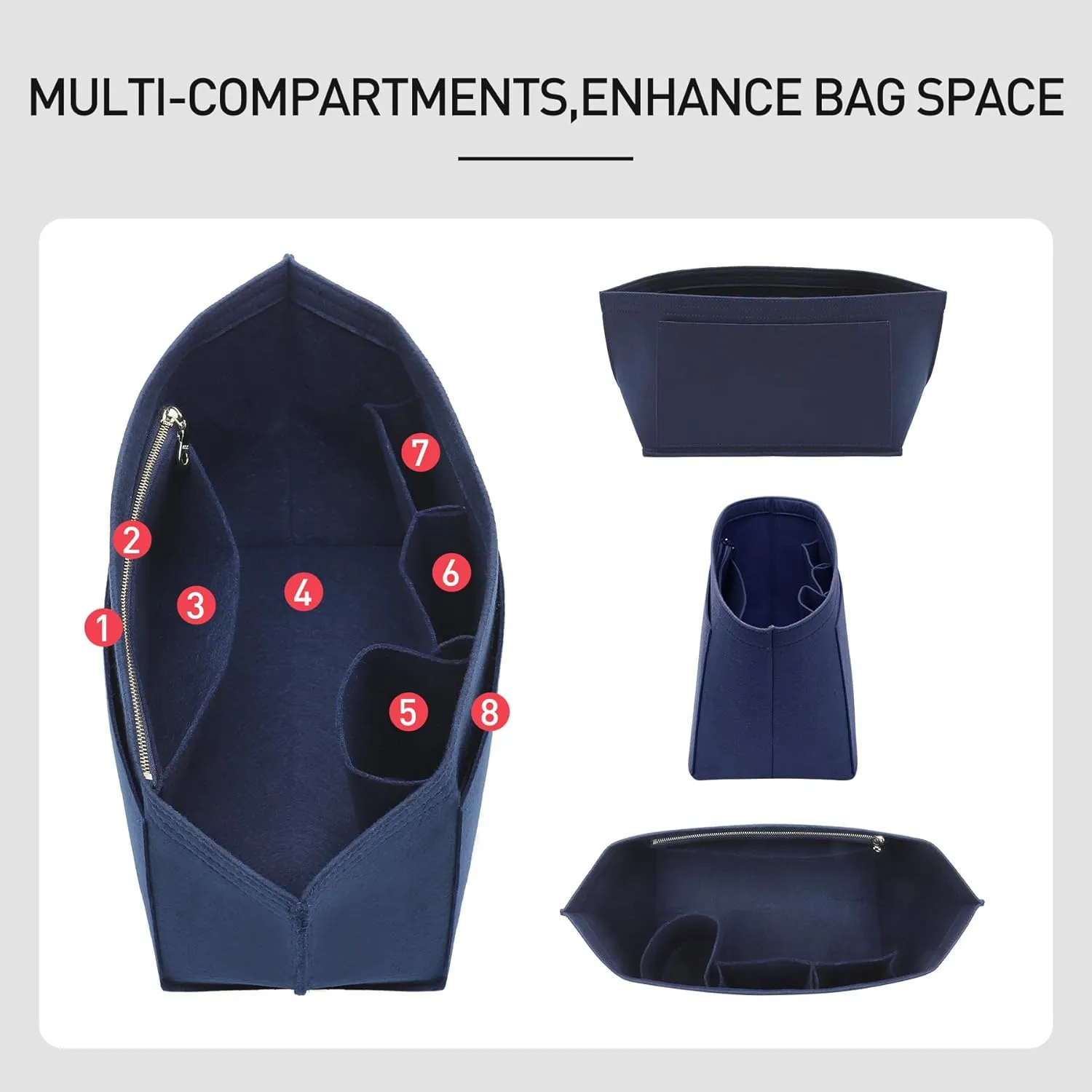 Purse Organizer Insert Compatible with Longchamp Le Pliage Large and More, Felt Zipper Bag Organizer Insert with Cup Holder for Tote Handbags, 8 Compartments (Blue,L)