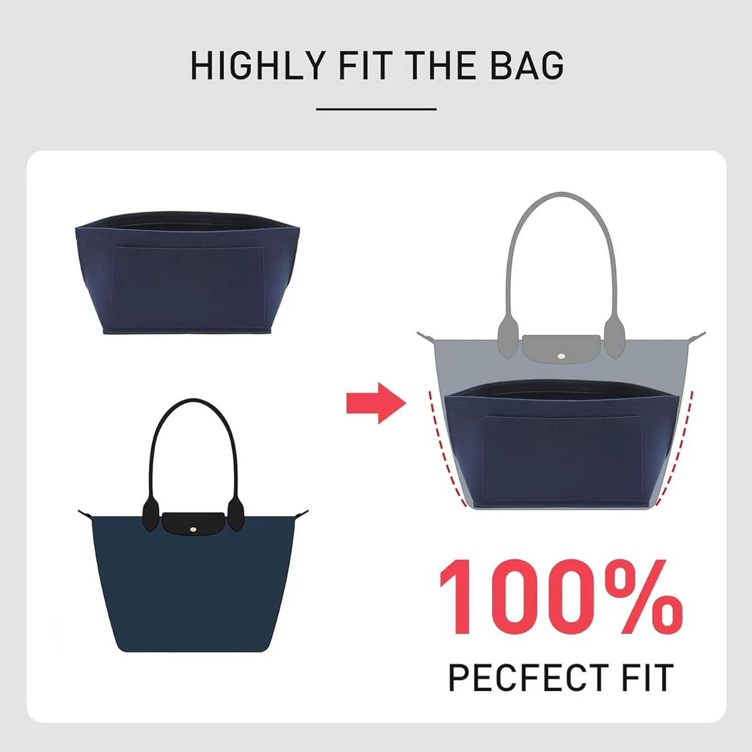 Purse Organizer Insert Compatible with Longchamp Le Pliage Large and More, Felt Zipper Bag Organizer Insert with Cup Holder for Tote Handbags, 8 Compartments (Blue,L)