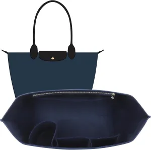 Purse Organizer Insert Compatible with Longchamp Le Pliage Large and More, Felt Zipper Bag Organizer Insert with Cup Holder for Tote Handbags, 8 Compartments (Blue,L)