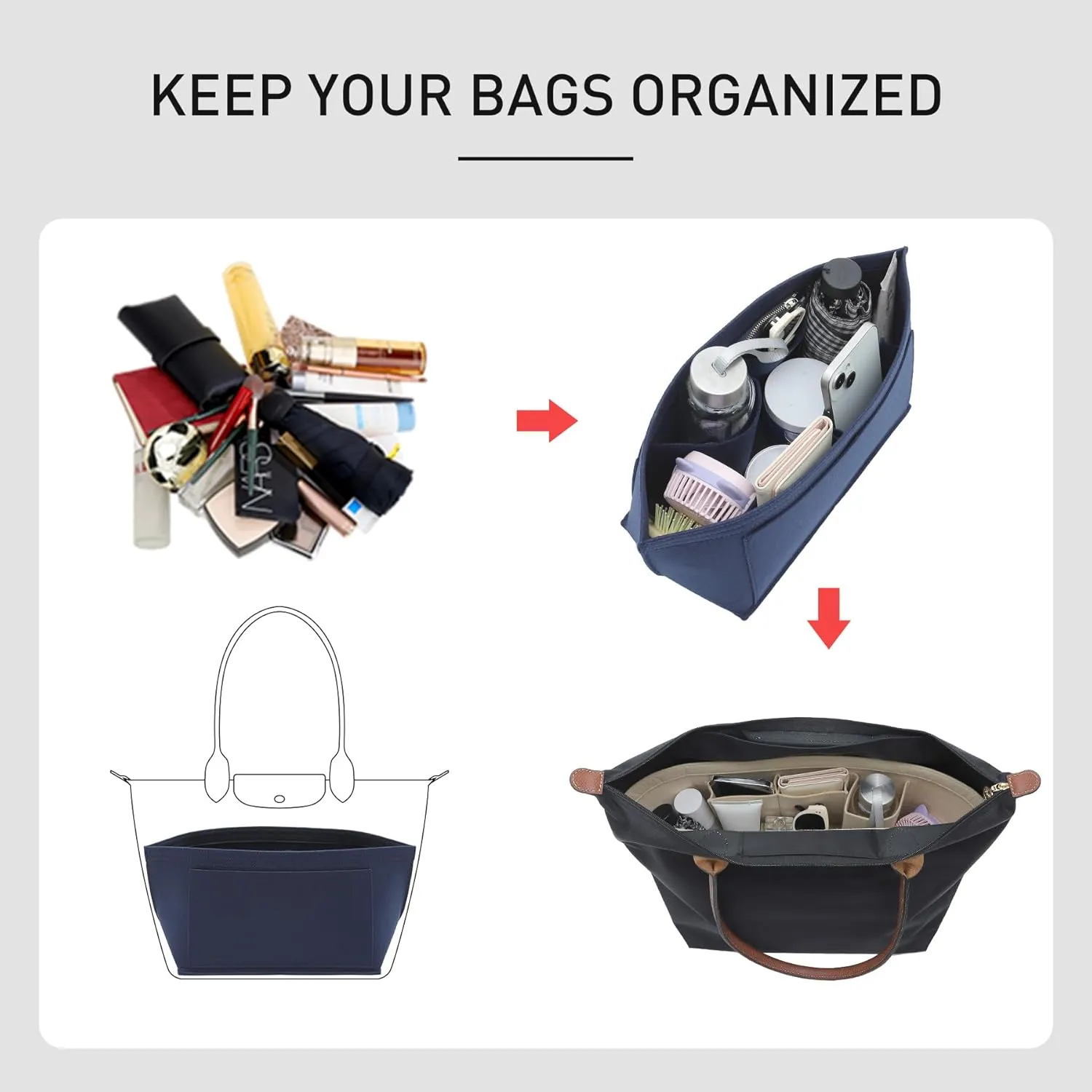 Purse Organizer Insert Compatible with Longchamp Le Pliage Large and More, Felt Zipper Bag Organizer Insert with Cup Holder for Tote Handbags, 8 Compartments (Blue,L)