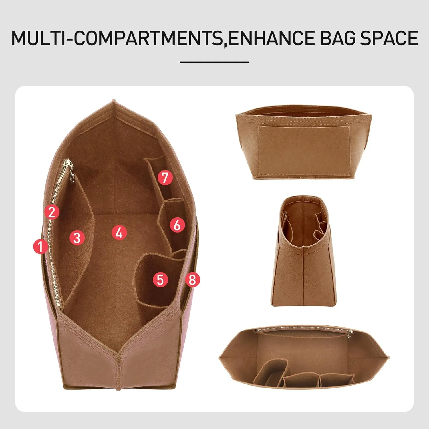 Purse Organizer Insert Compatible with Longchamp Le Pliage Large and More, Felt Zipper Bag Organizer Insert with Cup Holder for Tote Handbags, 8 Compartments (Brown,L)
