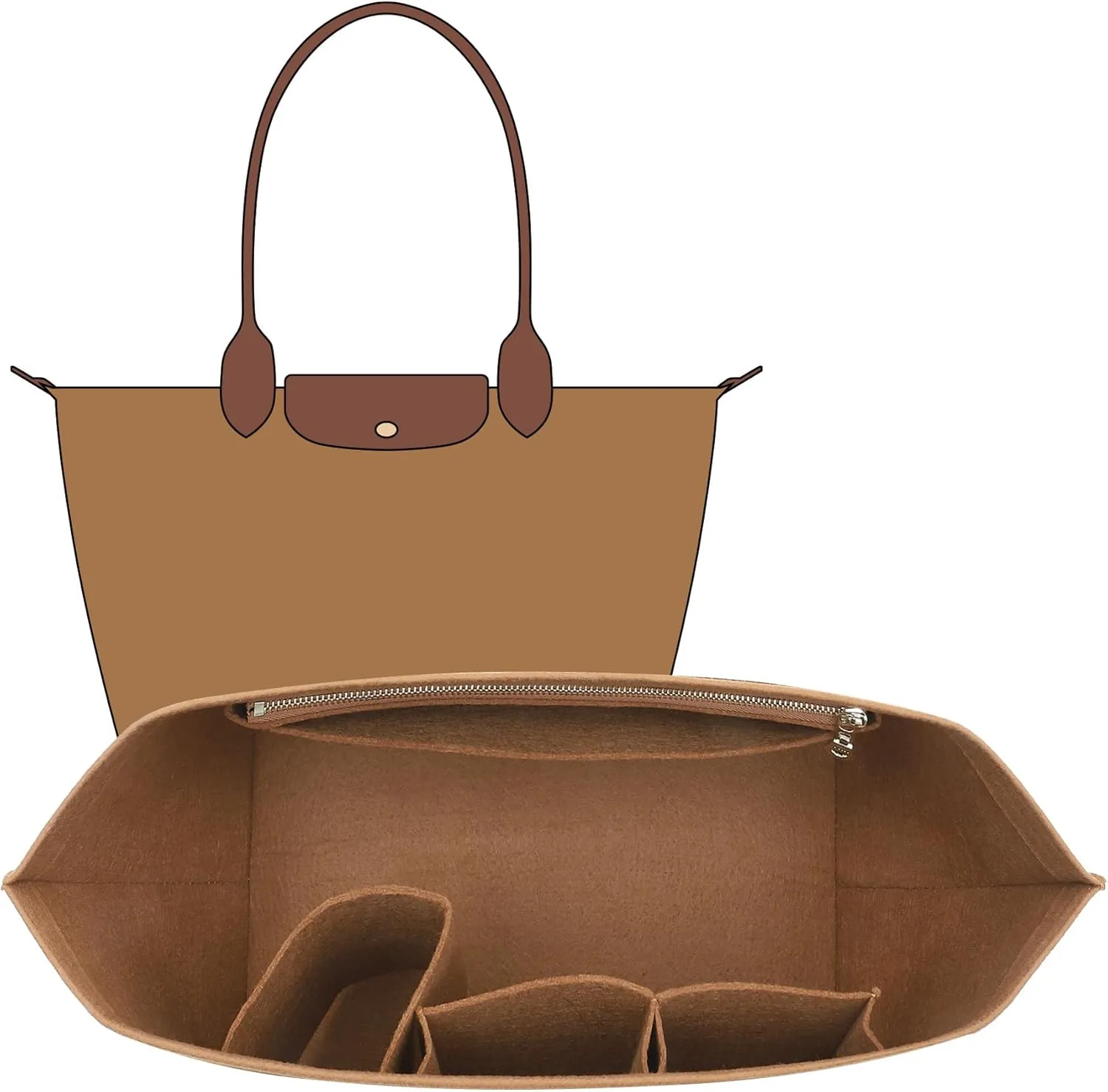 Purse Organizer Insert Compatible with Longchamp Le Pliage Large and More, Felt Zipper Bag Organizer Insert with Cup Holder for Tote Handbags, 8 Compartments (Brown,L)