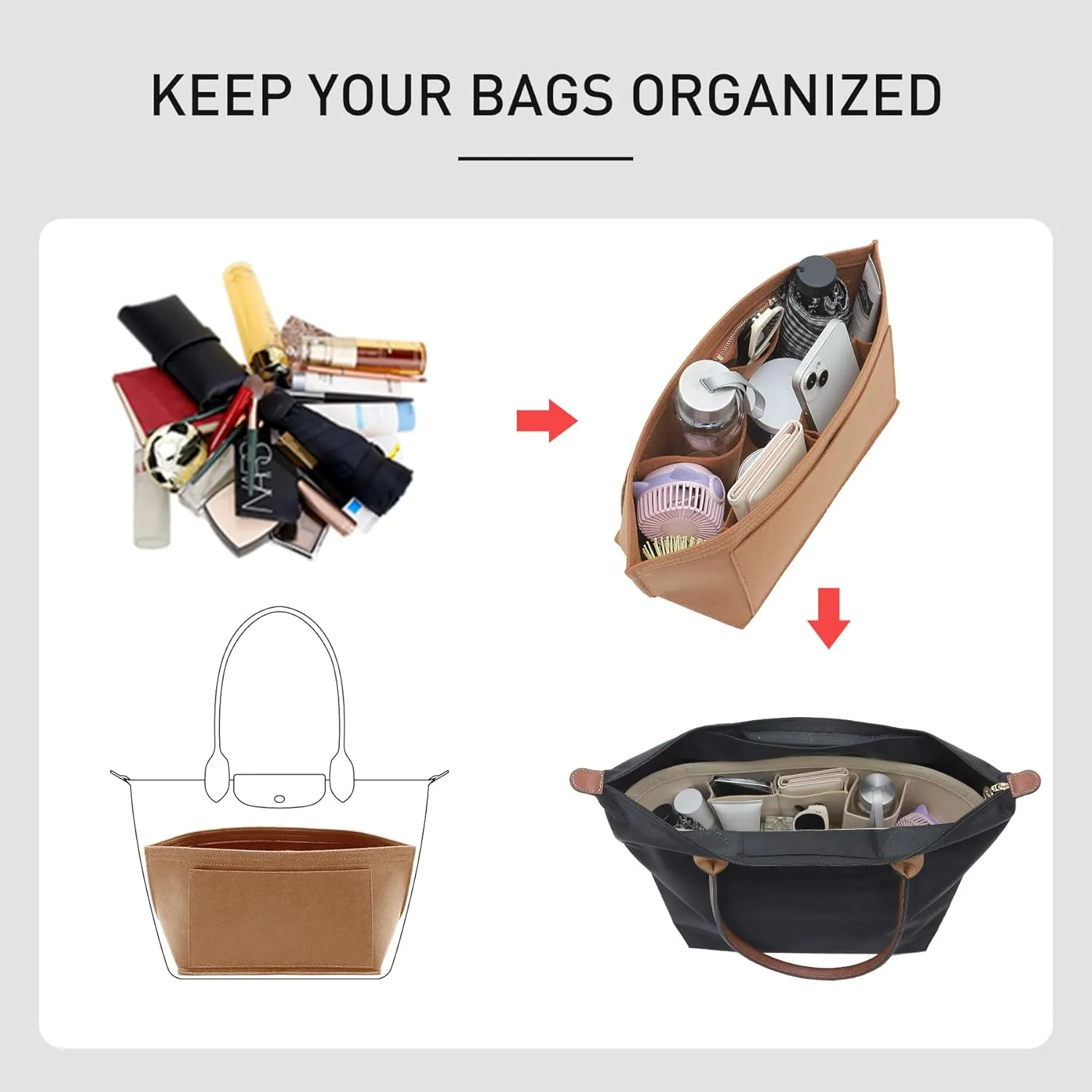 Purse Organizer Insert Compatible with Longchamp Le Pliage Large and More, Felt Zipper Bag Organizer Insert with Cup Holder for Tote Handbags, 8 Compartments (Brown,L)