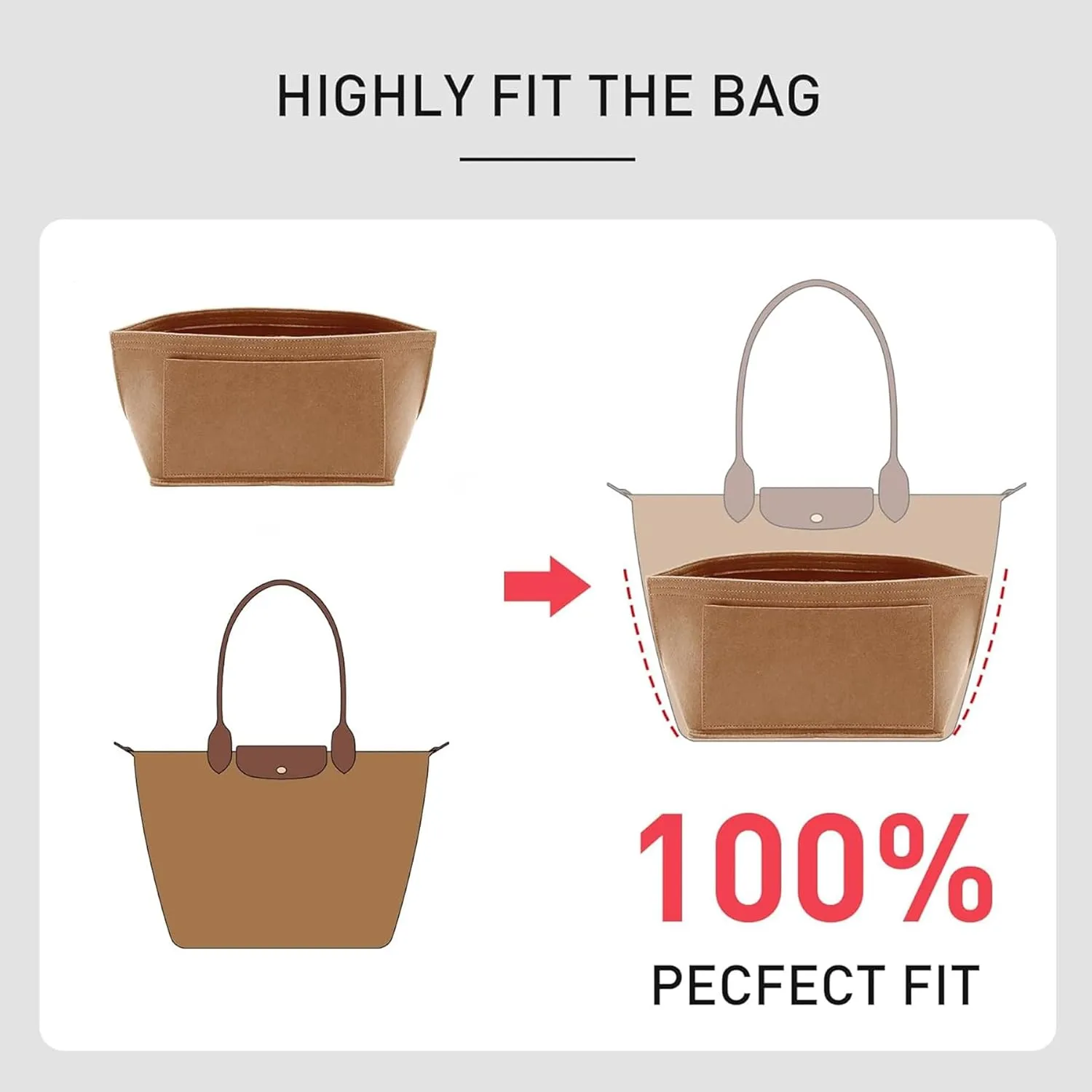 Purse Organizer Insert Compatible with Longchamp Le Pliage Large and More, Felt Zipper Bag Organizer Insert with Cup Holder for Tote Handbags, 8 Compartments (Brown,L)