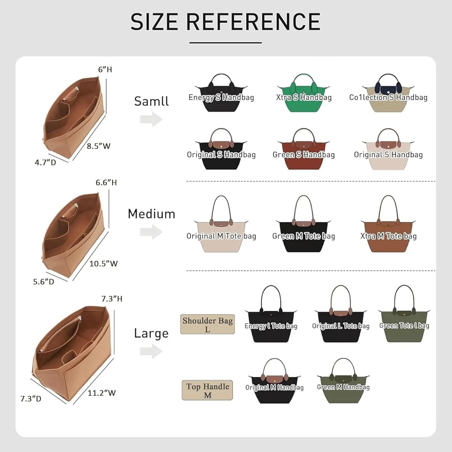Purse Organizer Insert Compatible with Longchamp Le Pliage Large and More, Felt Zipper Bag Organizer Insert with Cup Holder for Tote Handbags, 8 Compartments (Brown,L)