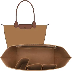 Purse Organizer Insert Compatible with Longchamp Le Pliage Large and More, Felt Zipper Bag Organizer Insert with Cup Holder for Tote Handbags, 8 Compartments (Brown,L)