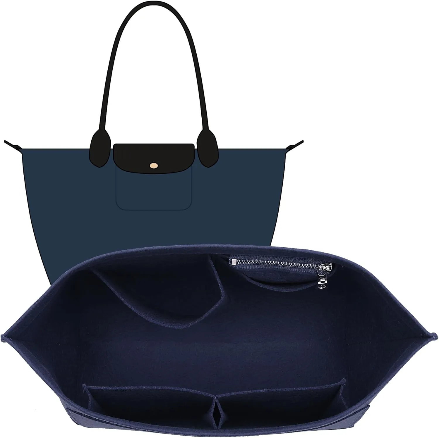 Purse Organizer Insert Compatible with Longchamp Medium and More, Felt Zipper le pliage Medium Organizer with Cup Holder for Tote Handbags, 8 Compartments (Blue,M)