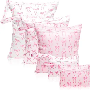 R HORSE 5Pcs Waterproof Baby Diaper Bag, Cute Coquette Pink Bow Wet Dry Bag with Handle Zipper Toiletry Organizing Pouches for Cloth Diapers Swimsuits Travel Beach Pool Essentials for Boys Girls