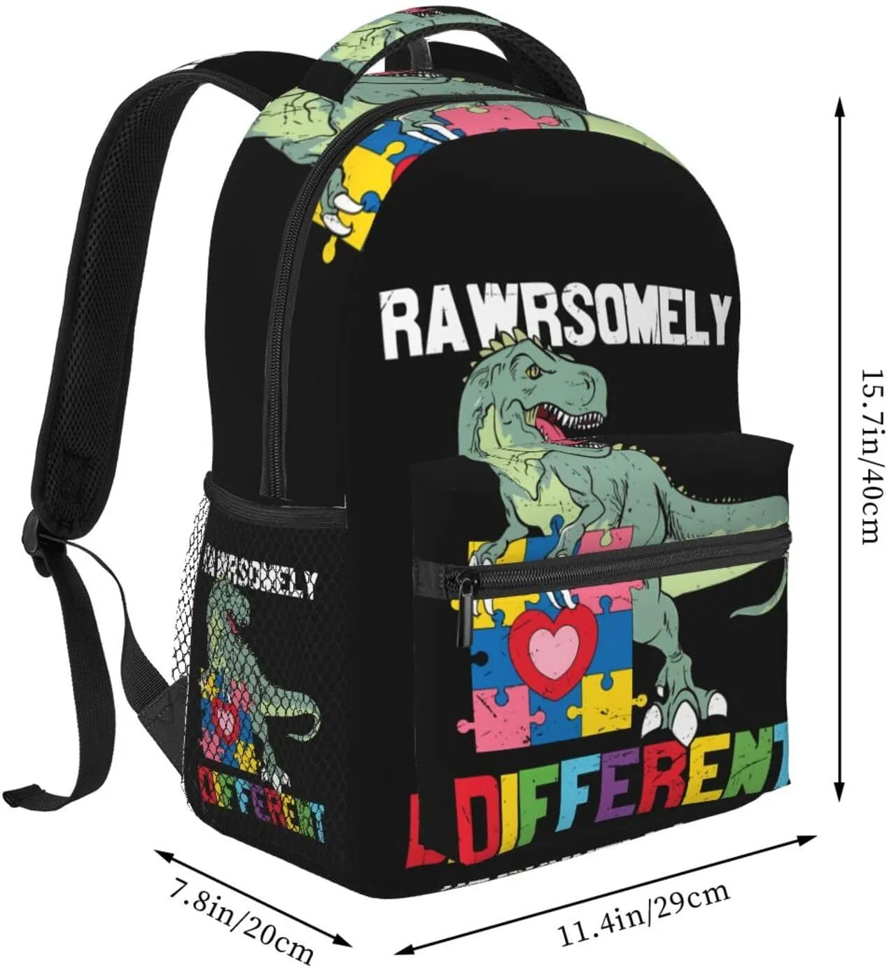 Rawrsomely Different Dinosaur Autism Awareness Month Backpack Casual Laptop Backpack Lightweight Double Shoulder Bag Travel Daypack For Women Men