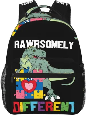 Rawrsomely Different Dinosaur Autism Awareness Month Backpack Casual Laptop Backpack Lightweight Double Shoulder Bag Travel Daypack For Women Men