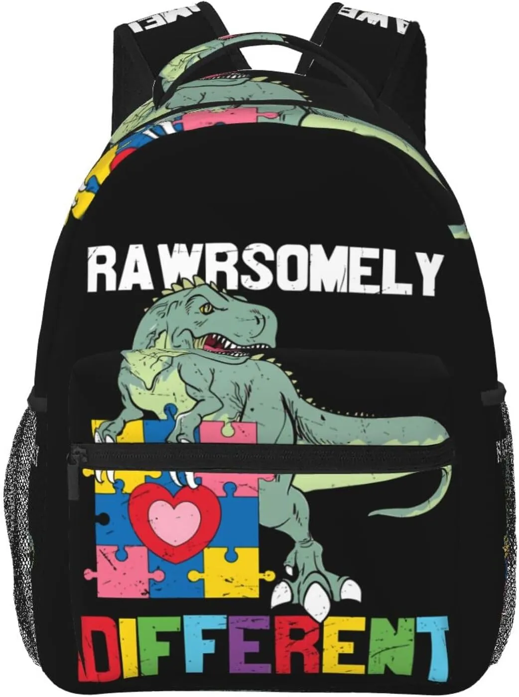 Rawrsomely Different Dinosaur Autism Awareness Month Backpack Casual Laptop Backpack Lightweight Double Shoulder Bag Travel Daypack For Women Men