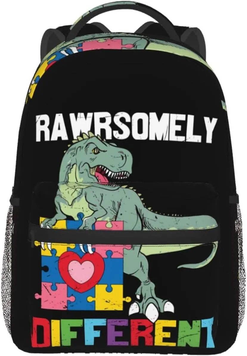 Rawrsomely Different Dinosaur Autism Awareness Month Backpack Casual Laptop Backpack Lightweight Double Shoulder Bag Travel Daypack For Women Men