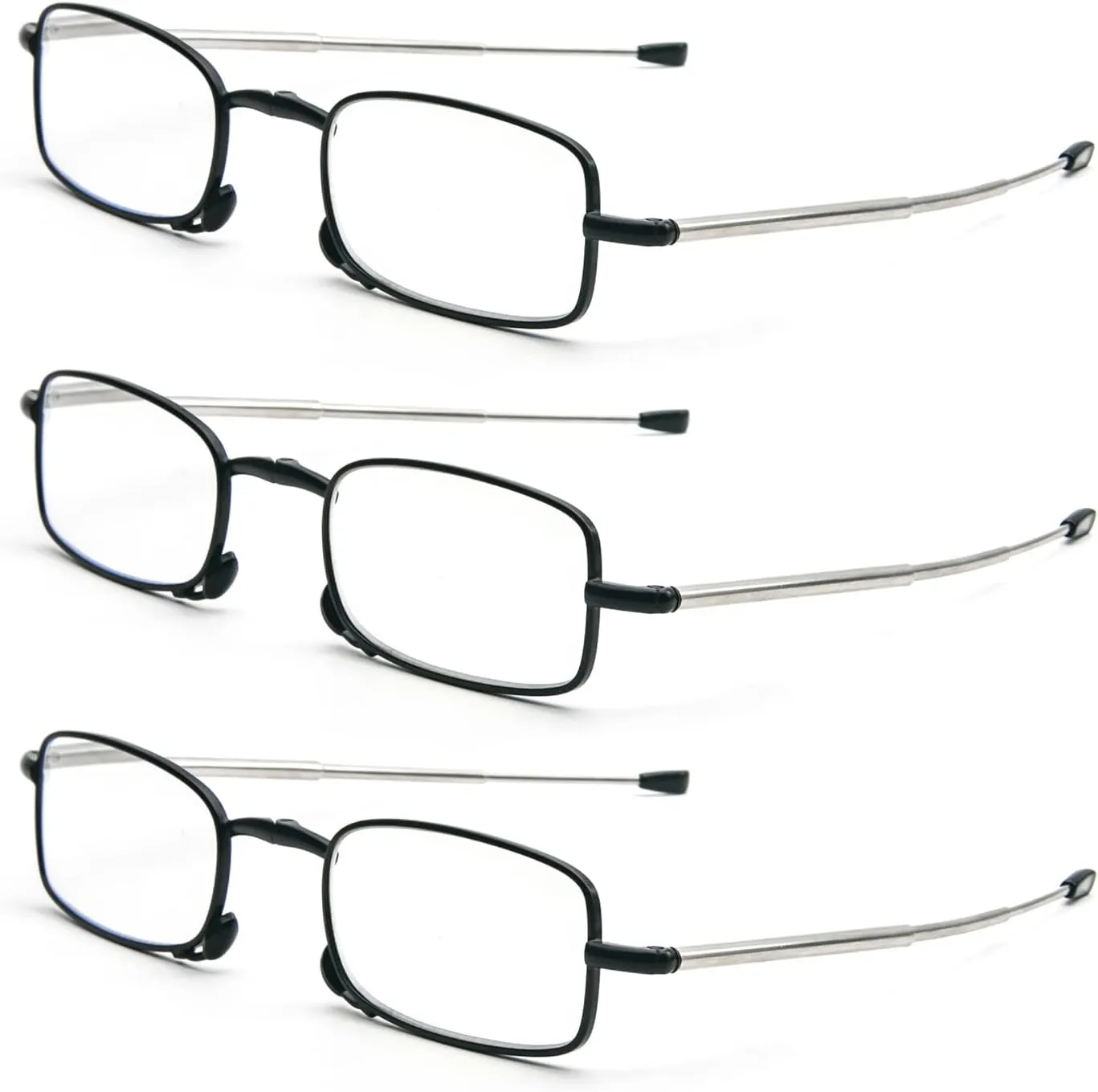 REAVEE 3 Pack Folding Reading Glasses with Keychain Compact Bags Women Men Blue Light Blocking Spring Hinge Portable Pocket Readers,Black 0.0