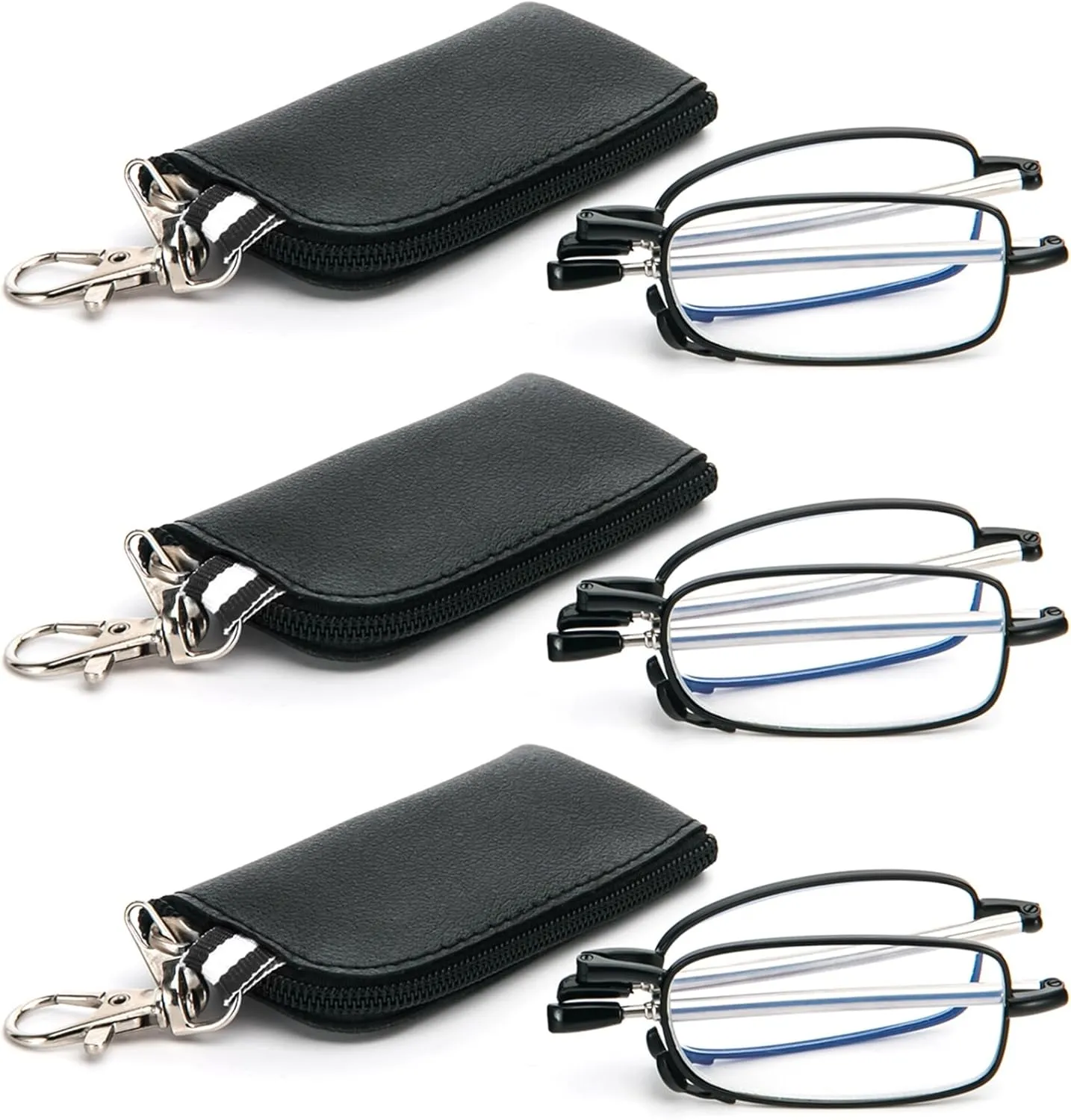 REAVEE 3 Pack Folding Reading Glasses with Keychain Compact Bags Women Men Blue Light Blocking Spring Hinge Portable Pocket Readers,Black 0.0