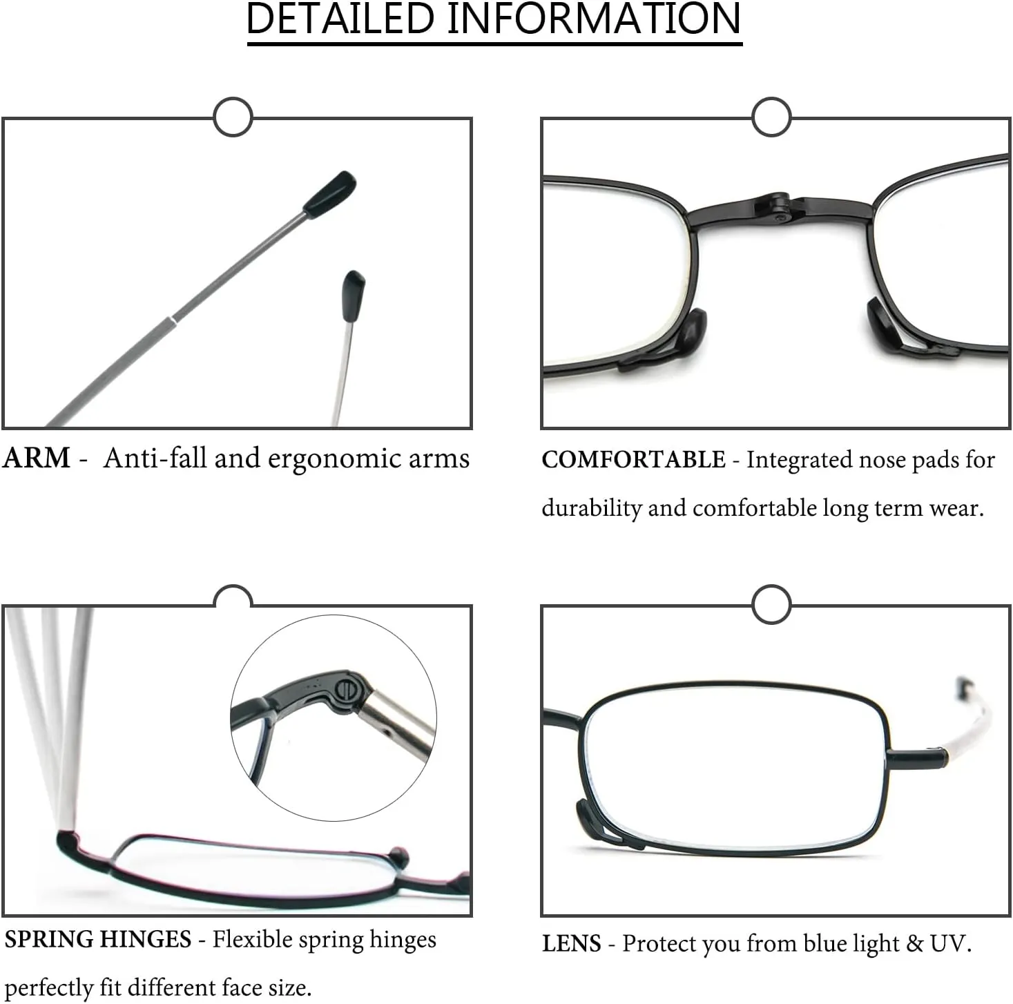 REAVEE 3 Pack Folding Reading Glasses with Keychain Compact Bags Women Men Blue Light Blocking Spring Hinge Portable Pocket Readers,Black 0.0