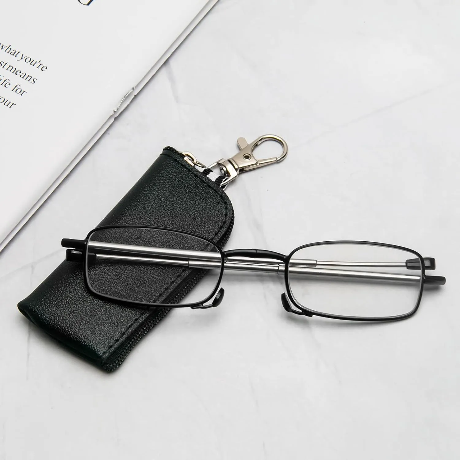 REAVEE 3 Pack Folding Reading Glasses with Keychain Compact Bags Women Men Blue Light Blocking Spring Hinge Portable Pocket Readers,Black 0.0