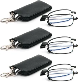 REAVEE 3 Pack Folding Reading Glasses with Keychain Compact Bags Women Men Blue Light Blocking Spring Hinge Portable Pocket Readers,Black 2.0