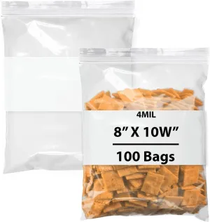 Reclosable Zip Poly Bags Write On Block, 4Mil 8" X 10W" & 100 Bags | LDPE Material, Clear Plastic with Resealable Lock Seal Zipper | Resealable Zip Top Lock For Travel, Storage, Packaging & Shipping