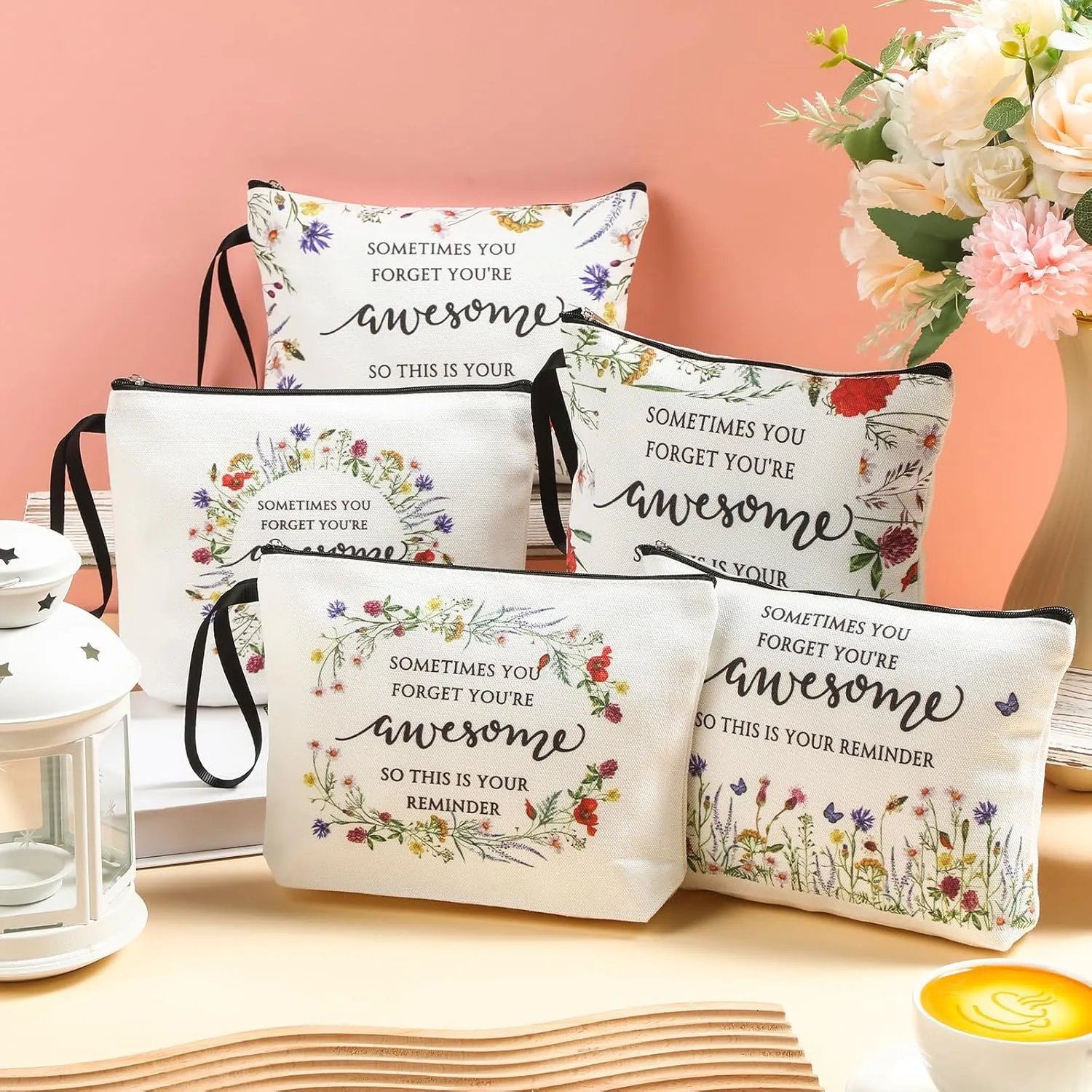 Reginary 10 Pcs Mother's Day Gift for Women Bulk Inspirational Makeup Bags Motivational Flower Canvas Cosmetic Bag with Zipper Thank You Gifts for Employee Coworker Cna Nurse Graduation, 9 x 6.7 in