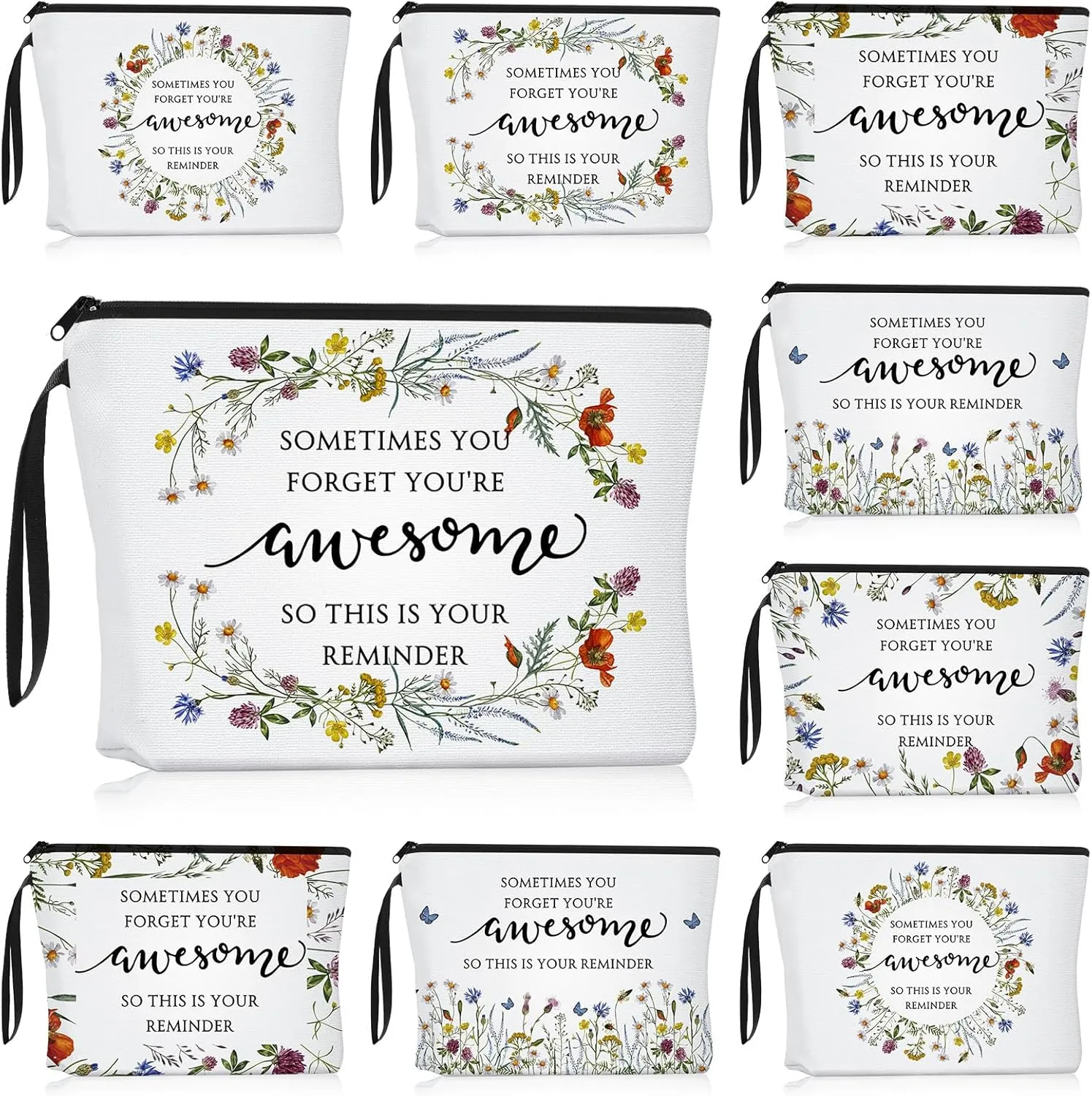Reginary 10 Pcs Mother's Day Gift for Women Bulk Inspirational Makeup Bags Motivational Flower Canvas Cosmetic Bag with Zipper Thank You Gifts for Employee Coworker Cna Nurse Graduation, 9 x 6.7 in