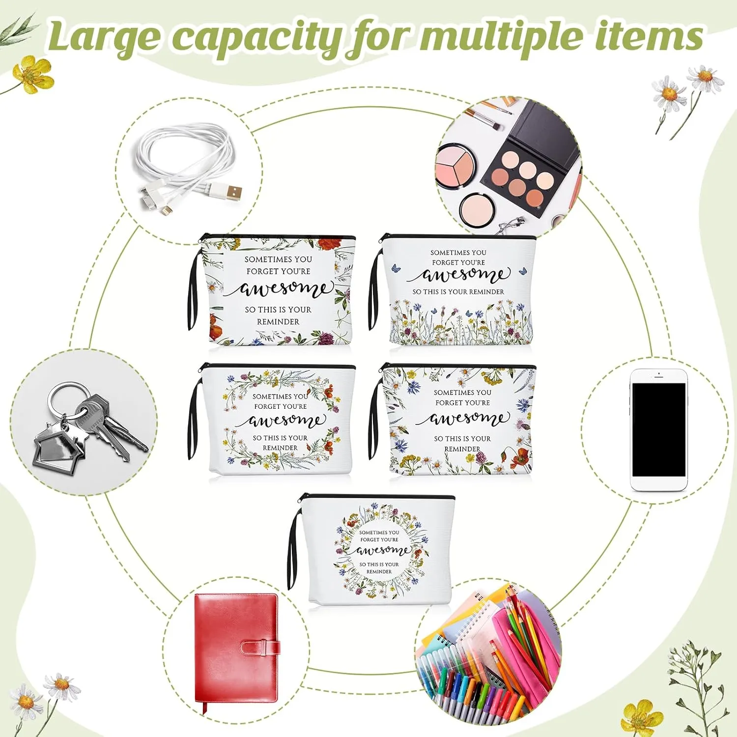 Reginary 10 Pcs Mother's Day Gift for Women Bulk Inspirational Makeup Bags Motivational Flower Canvas Cosmetic Bag with Zipper Thank You Gifts for Employee Coworker Cna Nurse Graduation, 9 x 6.7 in