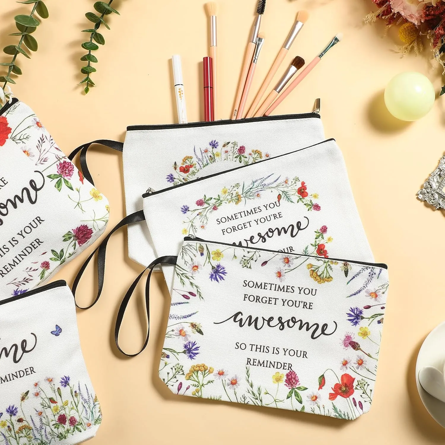 Reginary 10 Pcs Mother's Day Gift for Women Bulk Inspirational Makeup Bags Motivational Flower Canvas Cosmetic Bag with Zipper Thank You Gifts for Employee Coworker Cna Nurse Graduation, 9 x 6.7 in