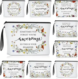 Reginary 10 Pcs Mother's Day Gift for Women Bulk Inspirational Makeup Bags Motivational Flower Canvas Cosmetic Bag with Zipper Thank You Gifts for Employee Coworker Cna Nurse Graduation, 9 x 6.7 in