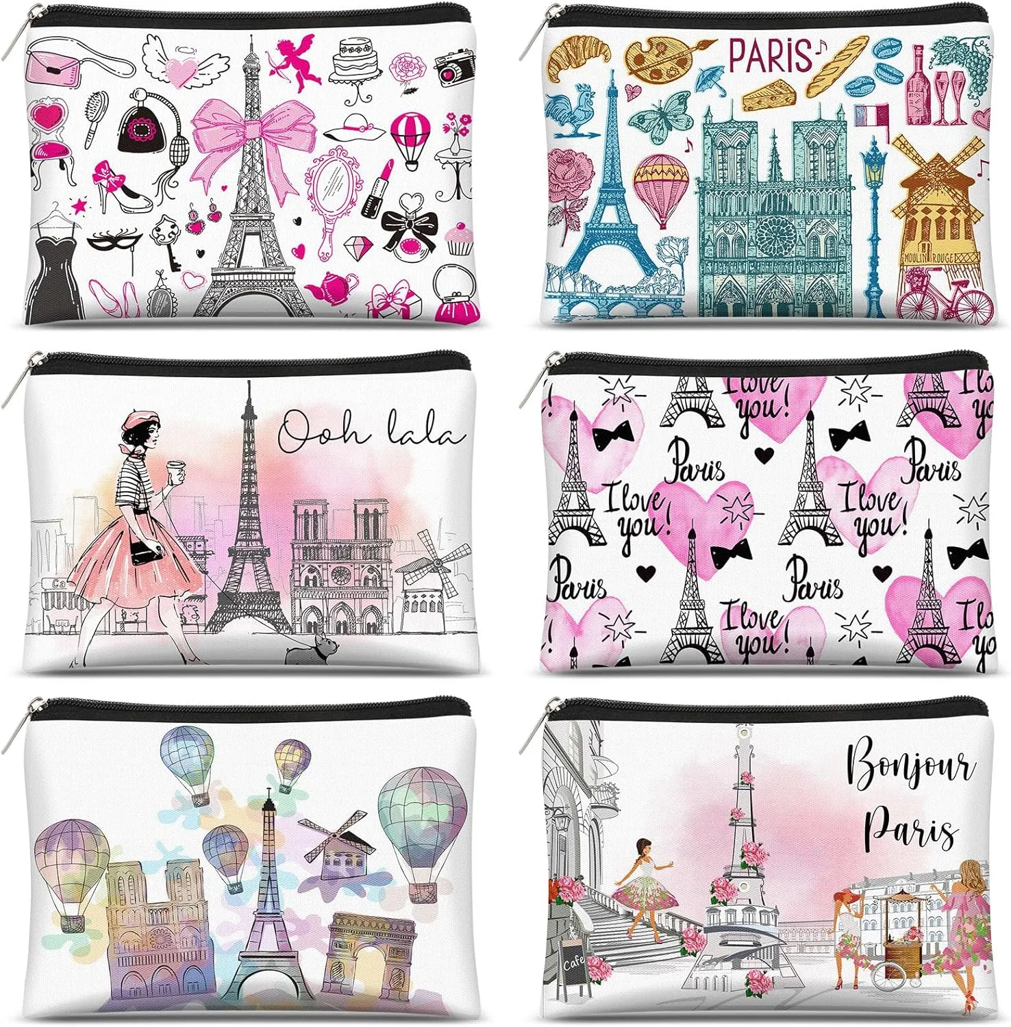 Reginary 6 Pcs City Cosmetic Bag Souvenir Gifts New York Zipper Pouch Chicago Souvenir Seattle Boston Nashville London Paris Italy Gifts Memento for Women Traveler(Paris)