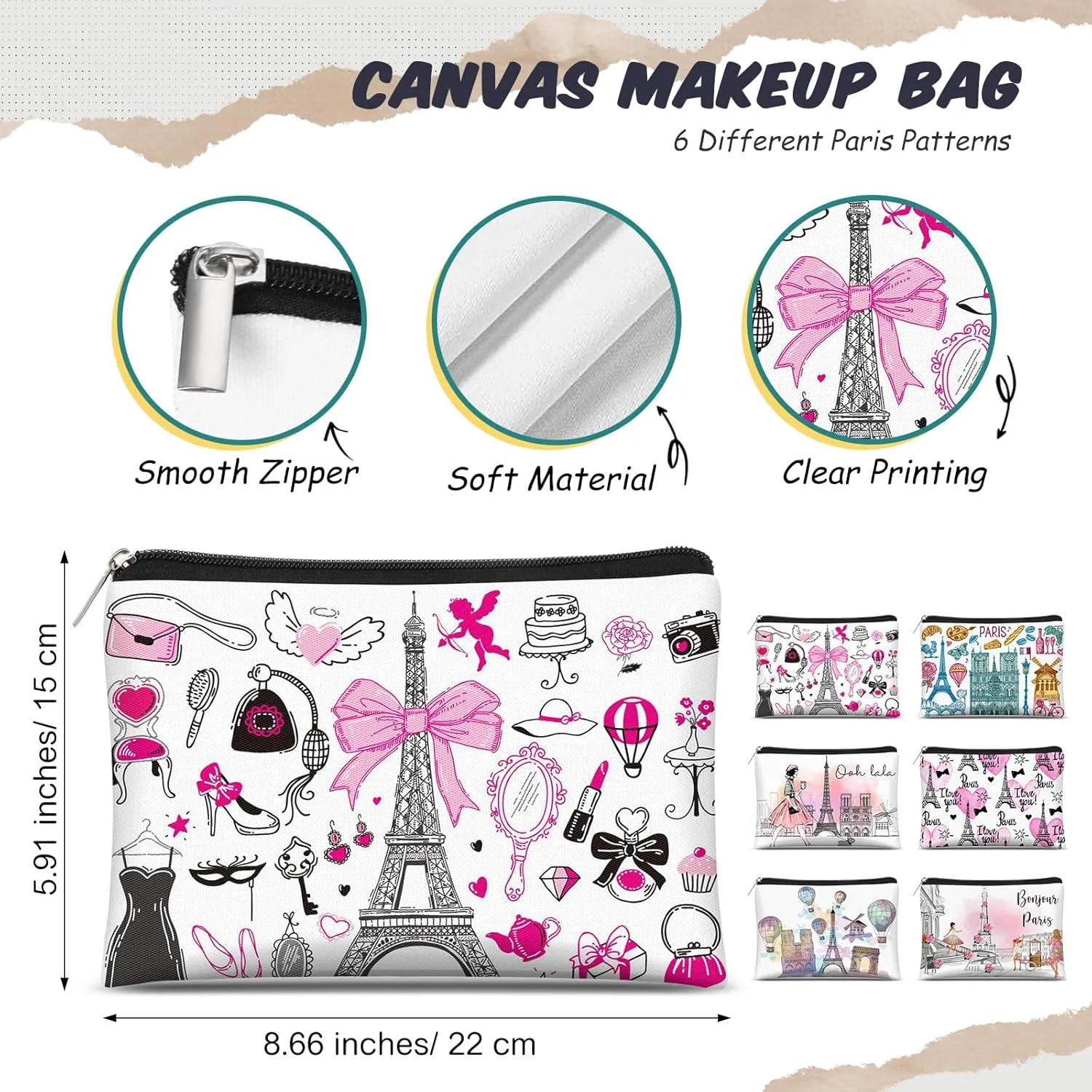 Reginary 6 Pcs City Cosmetic Bag Souvenir Gifts New York Zipper Pouch Chicago Souvenir Seattle Boston Nashville London Paris Italy Gifts Memento for Women Traveler(Paris)