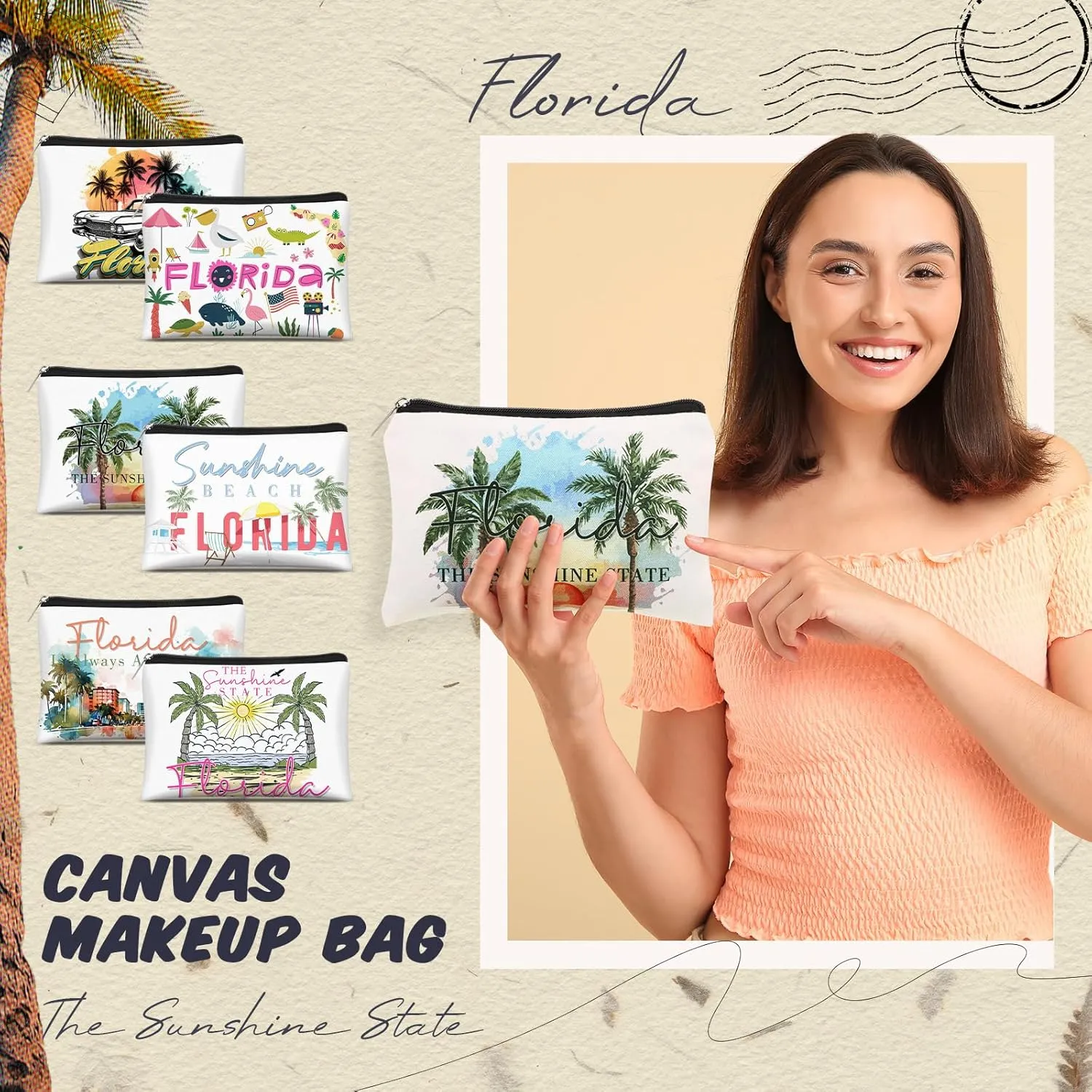 Reginary 6 Pcs Texas Cosmetic Bag Souvenir Gifts California Souvenir Makeup Bag Florida Souvenir Gifts Zipper Pouch for Women Traveler Party Favors