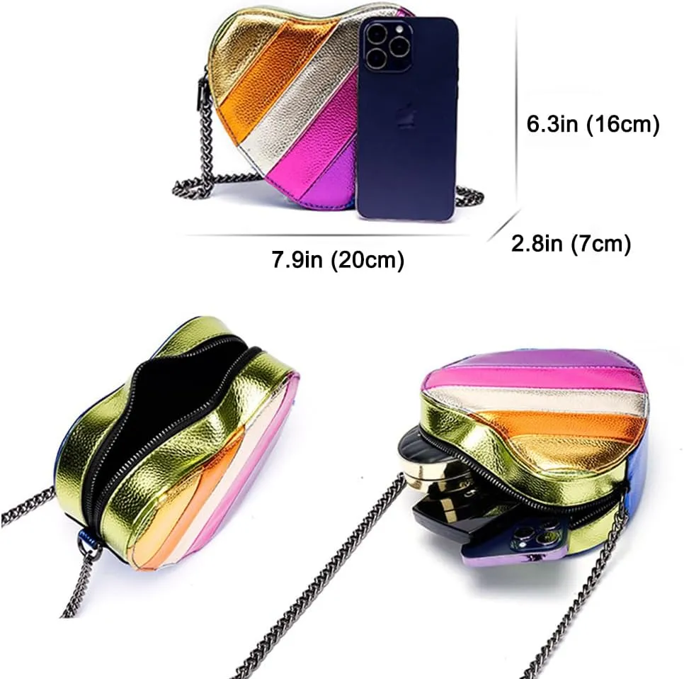 Rejolly Rainbow Stripe Heart Shaped Purse for Women Crossbody Bag Metallic PU Leather Shoulder Bag with Chain Strap