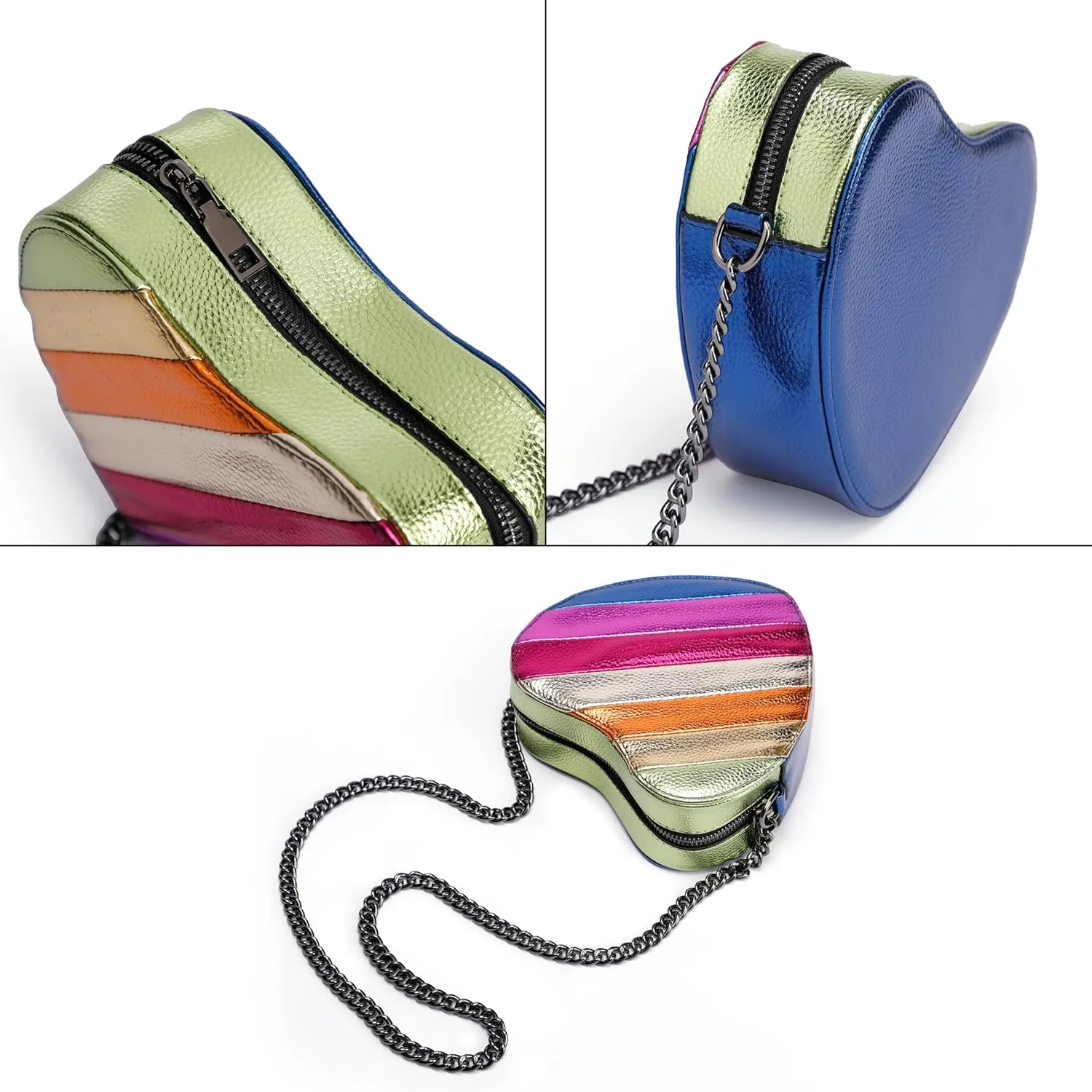 Rejolly Rainbow Stripe Heart Shaped Purse for Women Crossbody Bag Metallic PU Leather Shoulder Bag with Chain Strap