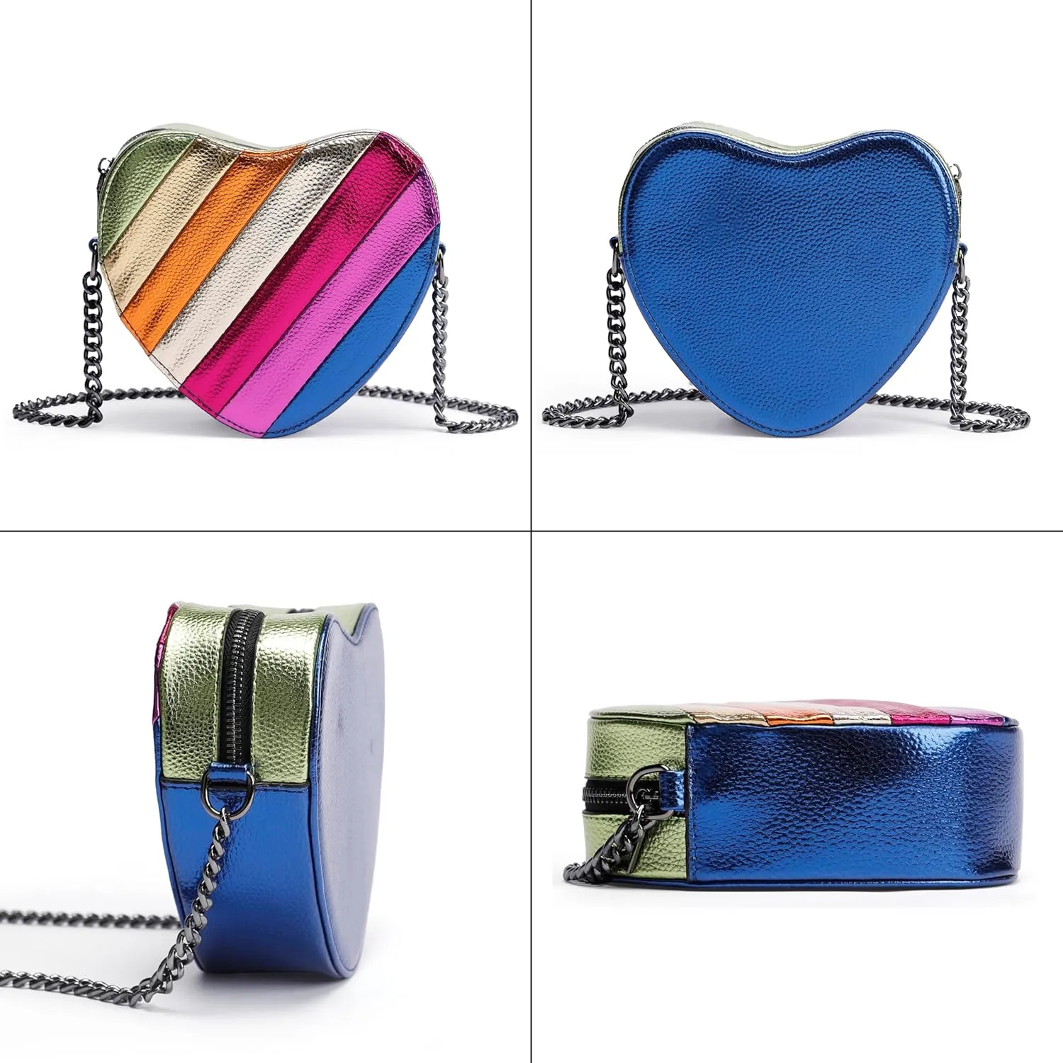 Rejolly Rainbow Stripe Heart Shaped Purse for Women Crossbody Bag Metallic PU Leather Shoulder Bag with Chain Strap