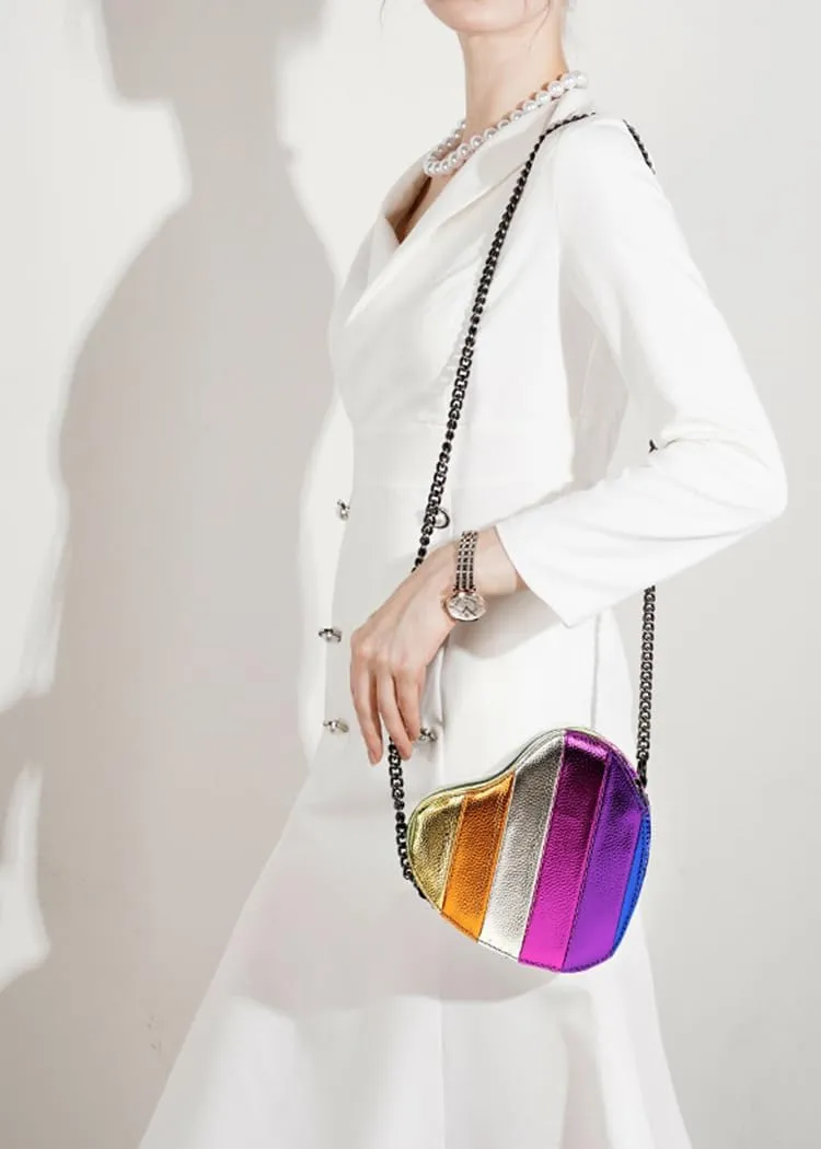 Rejolly Rainbow Stripe Heart Shaped Purse for Women Crossbody Bag Metallic PU Leather Shoulder Bag with Chain Strap