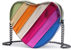 Rejolly Rainbow Stripe Heart Shaped Purse for Women Crossbody Bag Metallic PU Leather Shoulder Bag with Chain Strap