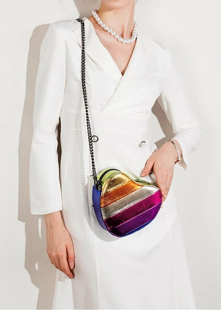 Rejolly Rainbow Stripe Heart Shaped Purse for Women Crossbody Bag Metallic PU Leather Shoulder Bag with Chain Strap