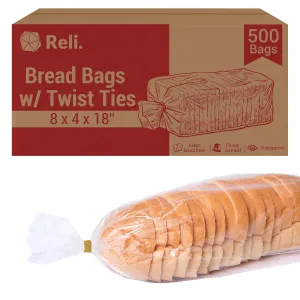 Reli. 8 x 4 x 18" | 500 Pack (500 Twist Ties) | Bulk Bags for Homemade Bread & Bakery | Plastic, Clear, Large Bread Loaf Packing