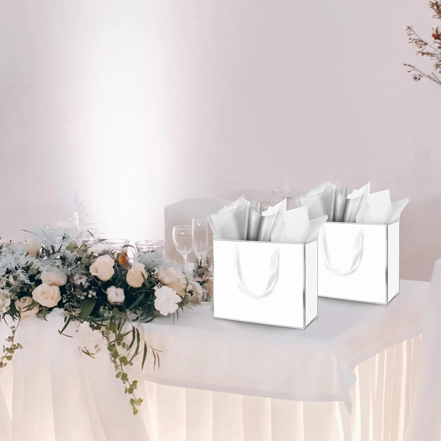 ReliThick 12 Pack Metallic Paper Gift Bag with Handles and Tissue Paper 11.8 x 10 x 4'' Thank You Favor Bag for Wedding Bridesmaid Graduation Groomsmen 5 Senses Birthday Gifts(White, Silver)