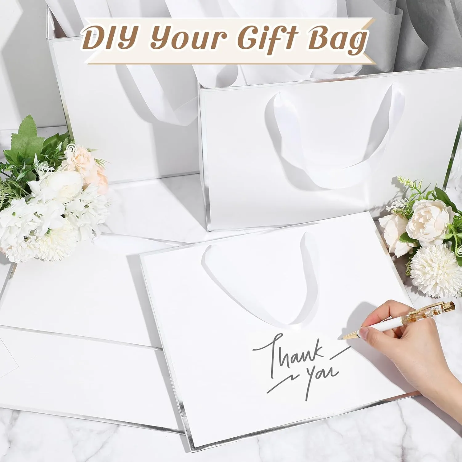 ReliThick 12 Pack Metallic Paper Gift Bag with Handles and Tissue Paper 11.8 x 10 x 4'' Thank You Favor Bag for Wedding Bridesmaid Graduation Groomsmen 5 Senses Birthday Gifts(White, Silver)