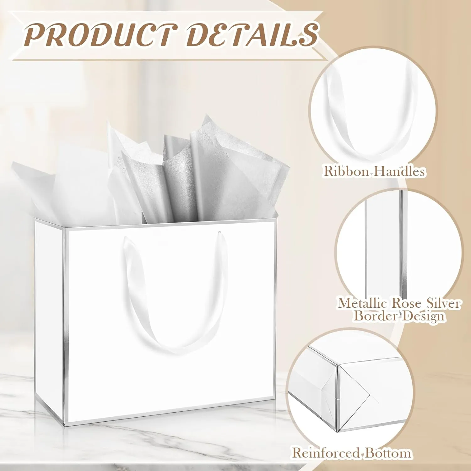 ReliThick 12 Pack Metallic Paper Gift Bag with Handles and Tissue Paper 11.8 x 10 x 4'' Thank You Favor Bag for Wedding Bridesmaid Graduation Groomsmen 5 Senses Birthday Gifts(White, Silver)