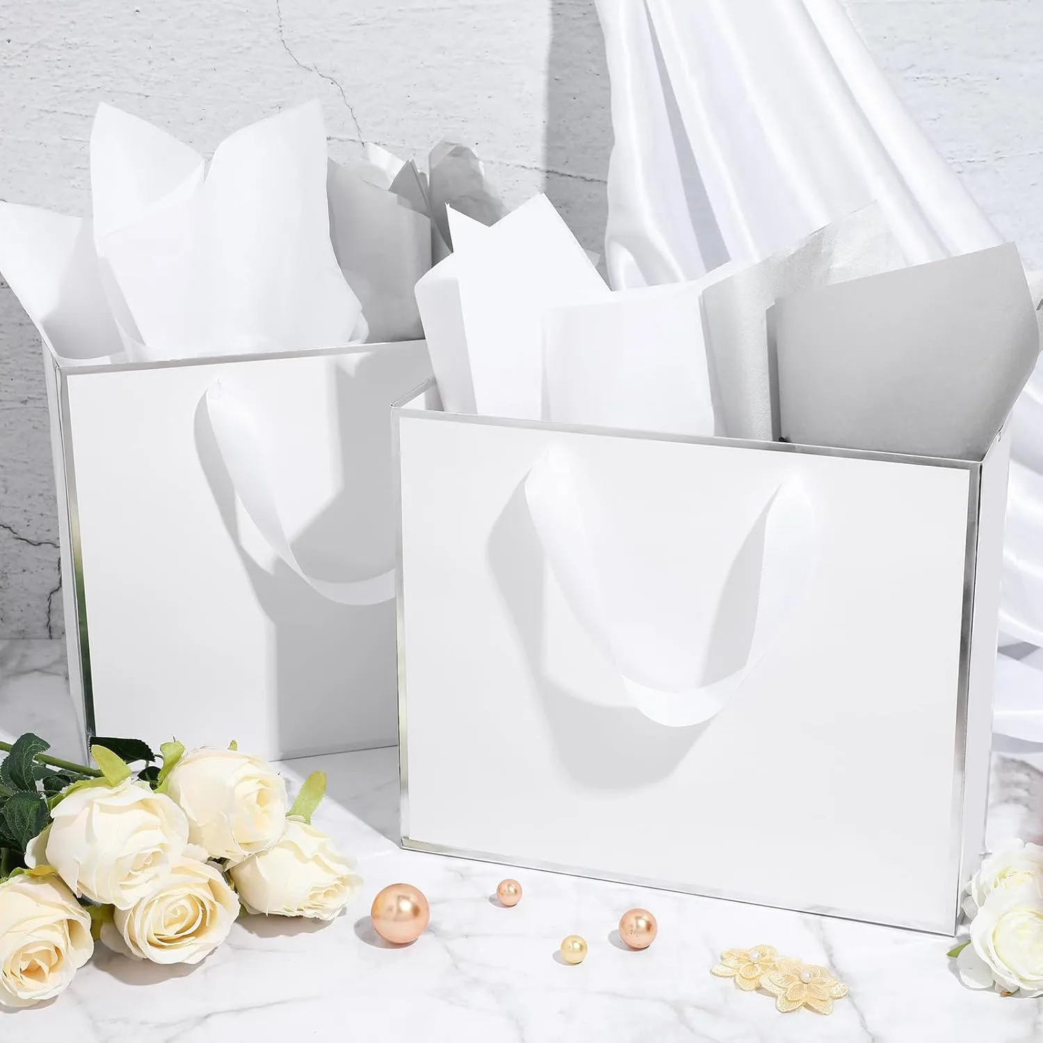 ReliThick 12 Pack Metallic Paper Gift Bag with Handles and Tissue Paper 11.8 x 10 x 4'' Thank You Favor Bag for Wedding Bridesmaid Graduation Groomsmen 5 Senses Birthday Gifts(White, Silver)