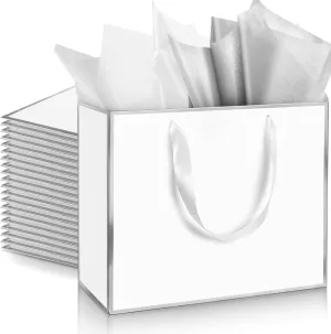 ReliThick 12 Pack Metallic Paper Gift Bag with Handles and Tissue Paper 11.8 x 10 x 4'' Thank You Favor Bag for Wedding Bridesmaid Graduation Groomsmen 5 Senses Birthday Gifts(White, Silver)
