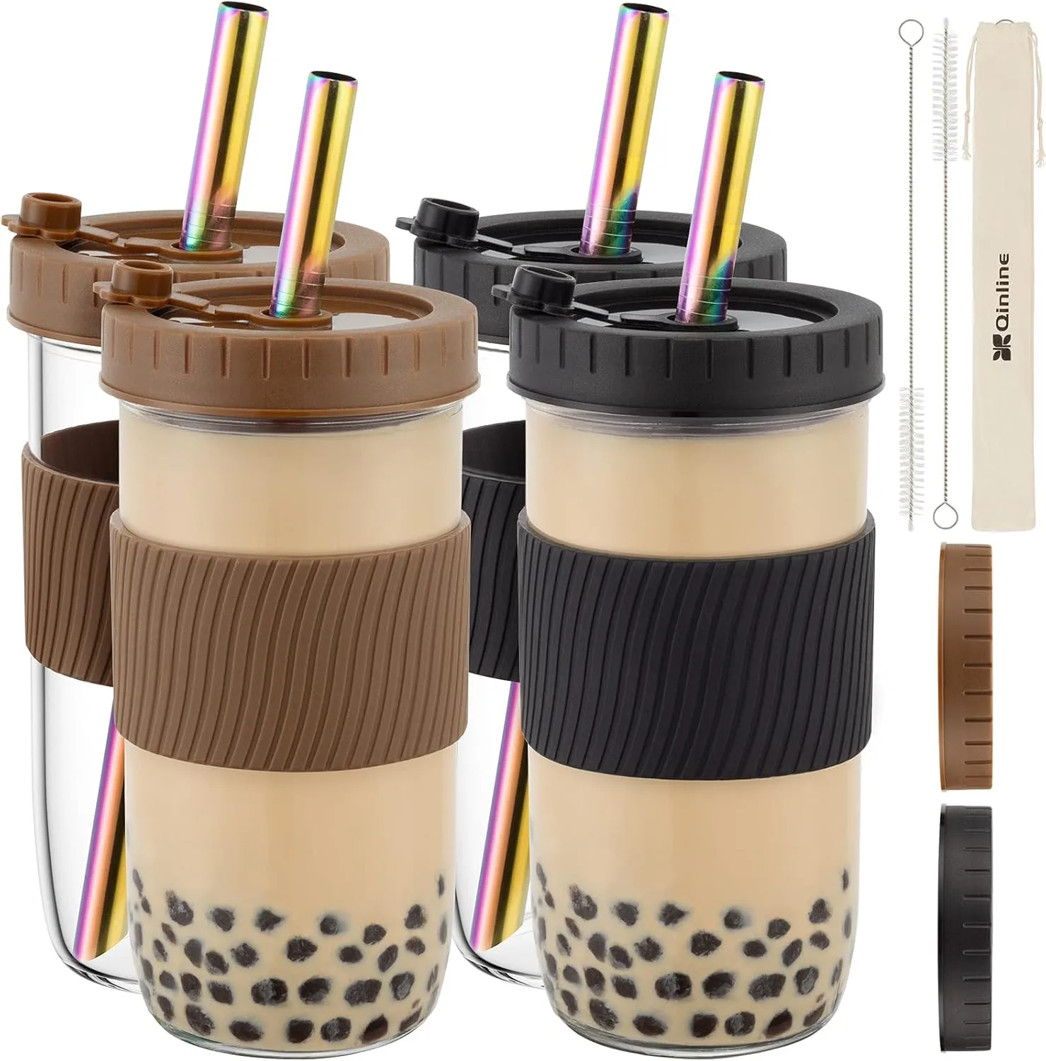 Reusable Glass Mason Jars Cups with Lids and Straws Silicone Sleeves, 4 Pack 24Oz Wide Mouth Smoothie Cups Glass Bubble Tea Cup Leakproof drinking glasses Travel Tumbler for Large Pearl Birthday Gifts