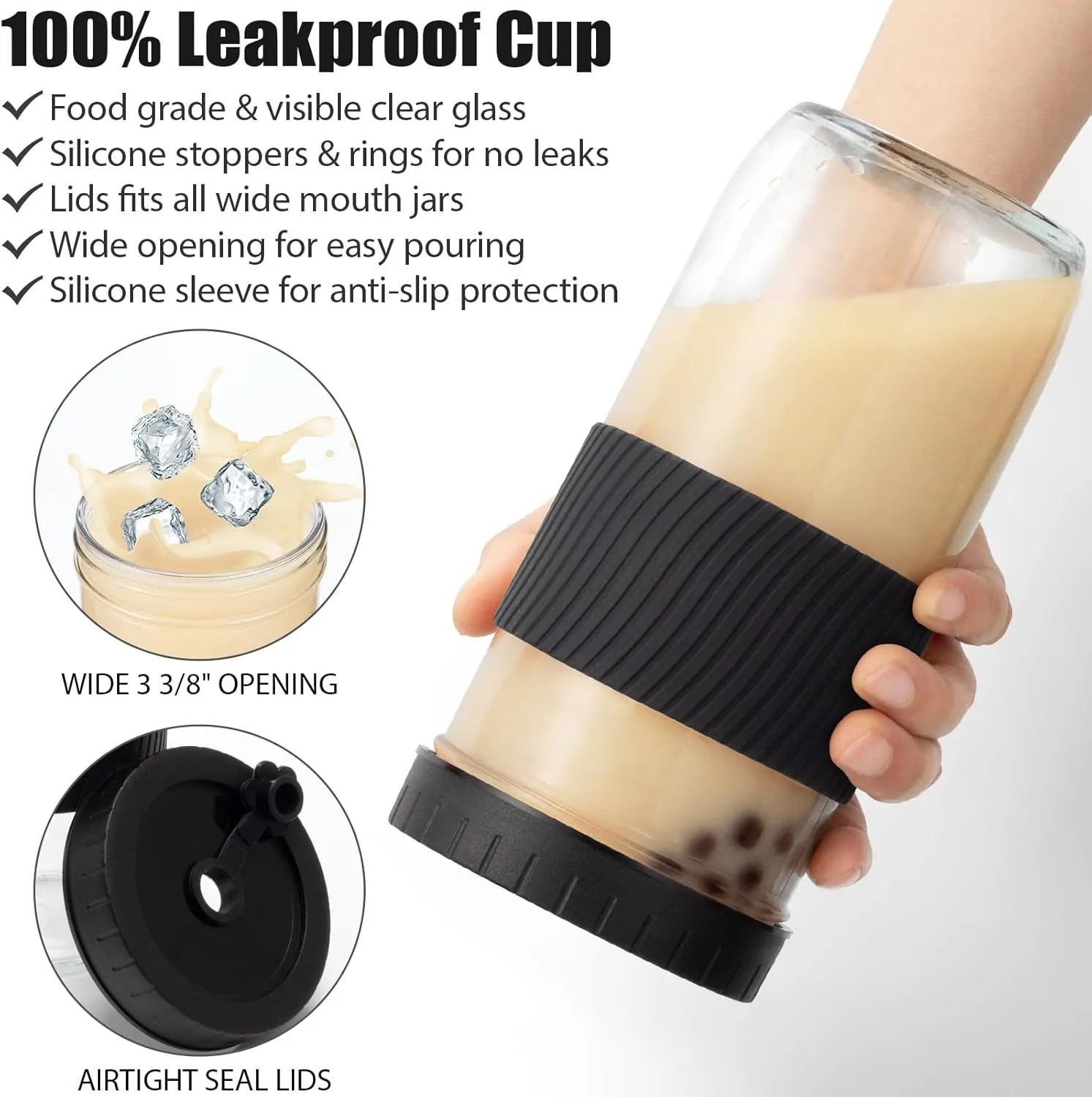 Reusable Glass Mason Jars Cups with Lids and Straws Silicone Sleeves, 4 Pack 24Oz Wide Mouth Smoothie Cups Glass Bubble Tea Cup Leakproof drinking glasses Travel Tumbler for Large Pearl Birthday Gifts